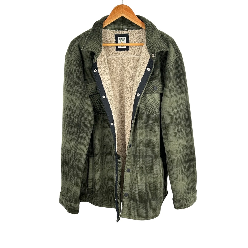 Voyager Mens Sherpa Lined Plaid Flannel Shacket Green XXL
